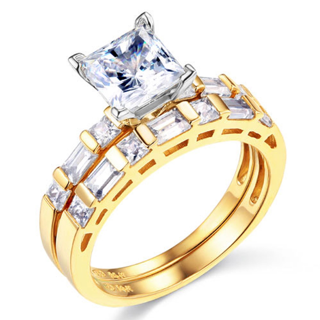 14k 1.25 Ct Princess-Cut & Side Baguette Cz Ring